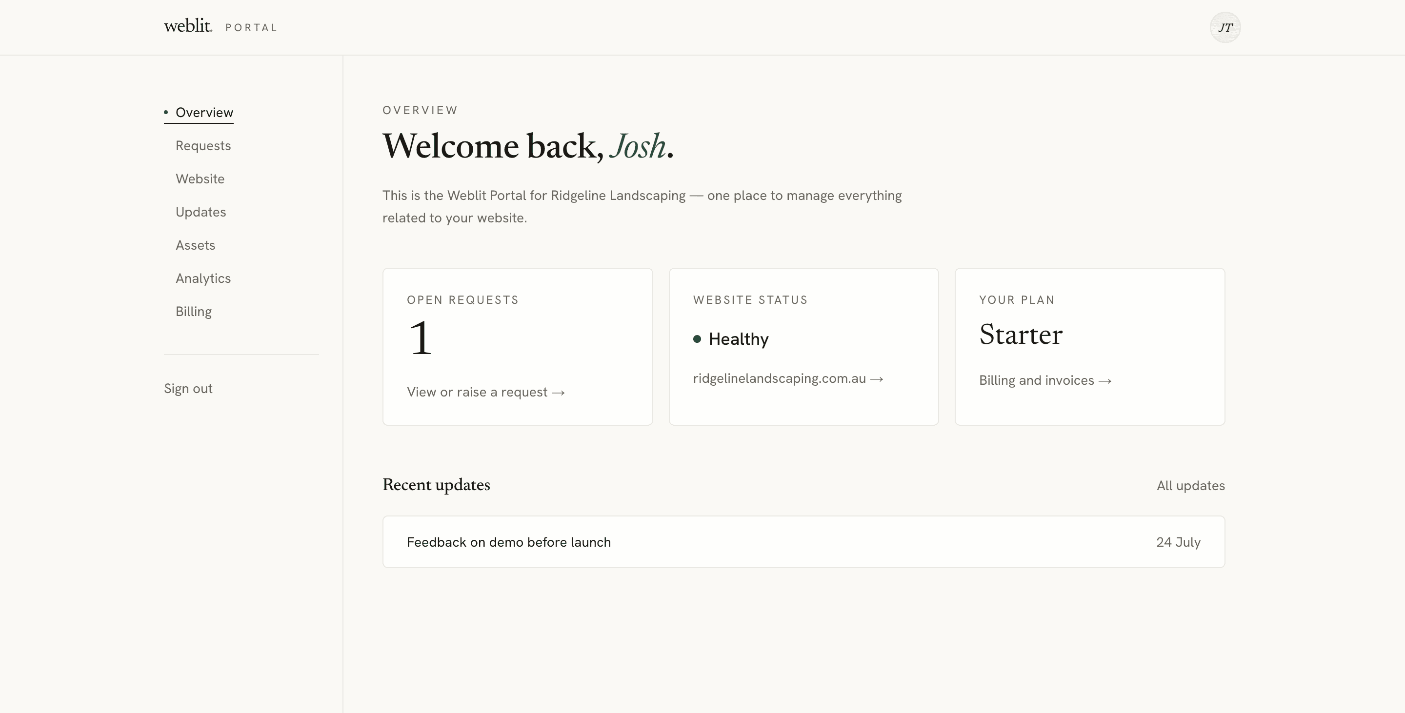The Weblit Portal overview — open requests, website status, plan and recent updates